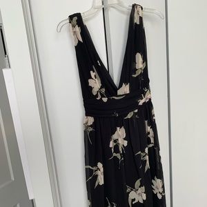 Low Front Black and Floral Midi Dress